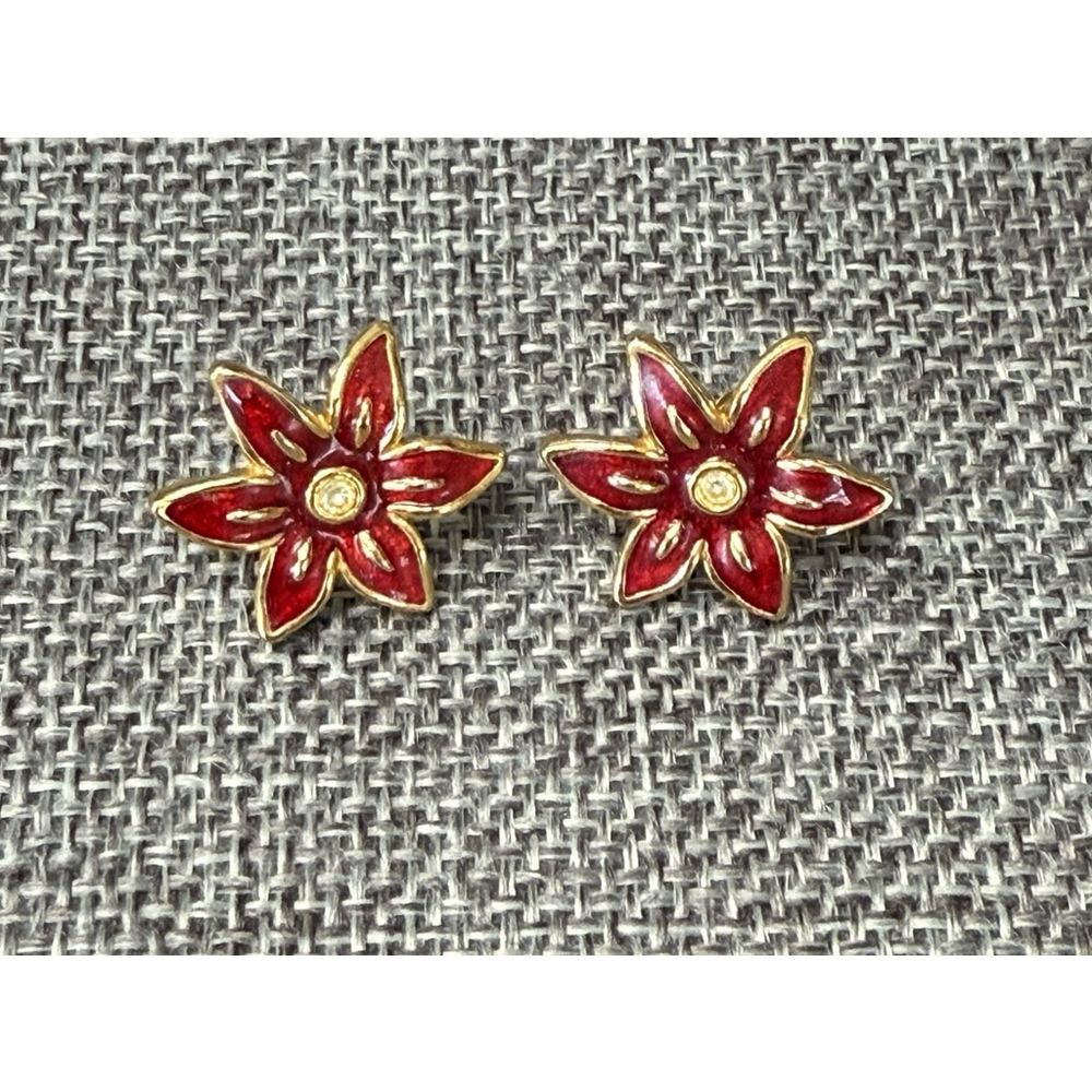 AVON Beautiful Gold Tone Red Rhinestone-Center Flower Earrings Pierced Petals